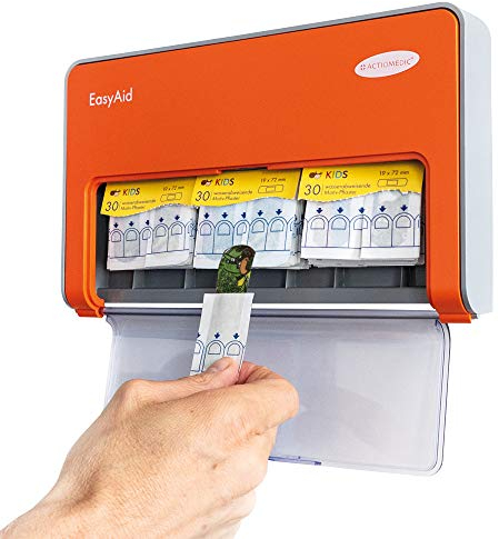 ACTIOMEDIC I EasyAid Distributeur de pansement enfant KIDS avec 90 sparadraps pour écoles et jardins d'enfants, Avec système Kanban et matériel de fixation murale, Lot de pansements doigts