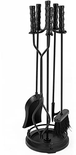 Amagabel 76cm Set di attrezzi per camino Manico in ottone 5 pezzi Supporto per camino in ferro battuto Porta tronchi in legno Pinze per accessori esterni Set di attrezzi per poker Pennello per camino