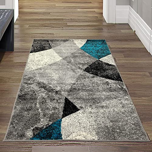 Moderner Wohnzimmer Teppich abstraktes Wellen Rauten Design marmoriert in blau grau - pflegeleicht Größe 80x150 cm
