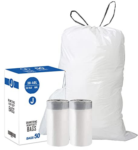 Code J (50 Count) 10-10.5 Gallon Heavy Duty Drawstring Plastic Trash Bags Compatible with simplehuman Code J | 1.2 Mil | White Drawstring Garbage Liners 10-10.5 Gallon/38-40 Liter