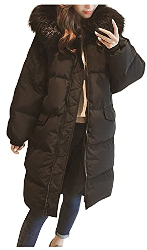 HHMY Chaqueta acolchada larga de invierno para mujer, con capucha de piel sintética, bolsillo con cremallera, chaqueta cortavientos, chaqueta con capucha, parka para exteriores, S - XXL, Negro , L