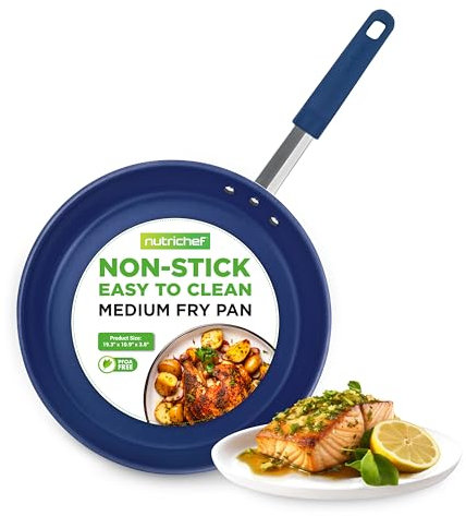 Nutrichef 10 Medium Fry Pan - Medium Skillet Nonstick Frying Pan with Silicone Handle, Ceramic Coating, Blue Silicone Handle, Stain-Resistant and Easy to Clean, Professional Home Cookware