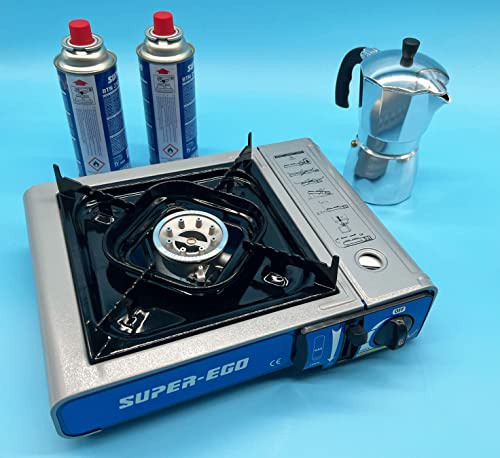 Cocina de Gas Portátil de Primera Marca (Incluye el maletin de Transporte) + Cafetera Metalica (hasta 6 Tazas) + 2 Recambios de Gas 250