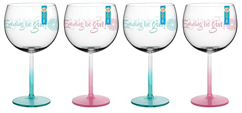 YöL Set of 4 Balloon Gin Glasses Pink Blue Printed Plastic Clear Reusable 600ml BBQ Summer Cocktail Party Cups G&T Drinkware