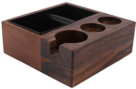YOKAM Schadensfester Kaffeefilterhalter, leicht zu reinigender Edelstahl, rutschfeste Holz-Kaffee-Tamperstation, strukturelles Zubehör für die Küche zu Hause