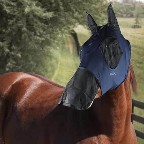 Horses, Masque en Lycra avec Filet pour Les Yeux, Masque Anti-Mouches Léger et Respirant, N’Entrave Pas Le Champ de Vision du Cheval, Protection des Yeux et des Oreilles (Extra Full, Marine)