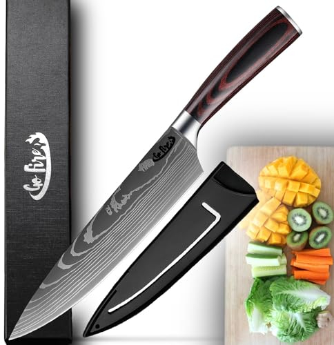 GoFire 8 Inch Premium Chef Knife Ultra Sharp High Carbon Stainless Steel Kitchen Knife Slicing Dicing Carving Knife Ergonomic Pakkawood Handle Multipurpose for Home and Culinary Use with Gift Box