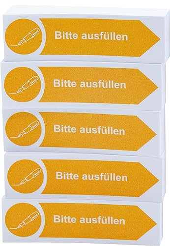 Litfax Haftnotizen Klebezettel Bitte ausfüllen, 5 Stück je 100 Blatt Sticky Notes – Haftstreifen in Gelb mit Pfeilrichtung nach rechts