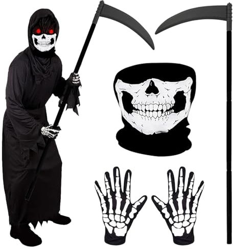 SHOWHEEL Maschera Teschio Halloween Set con Guanti Teschio/Falce, Maschera Teschio Mezzo Viso Maschera Moto Accessorio Costume per Bambini Adulti per Halloween Cosplay Festa In Costume di Carnevale