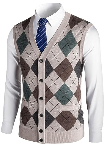 Herothorn Chaleco de Punto para Hombre Argyle Suéter Cárdigan sin Mangas Jersey con Botón Gentleman Clásico Grueso Tank Tops con Cuello en V Otoño Invierno