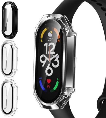 ivoler 3 Piezas Funda Dura PC para Xiaomi Smart Band 10/9 / 8, Protección Completa Protector de Pantalla de Cristal Vidrio Templado Antigolpes Anti-arañazos Estuche Carcasa, 2 Transparente + 1 Negro