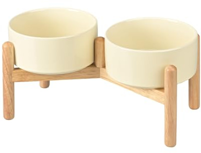 SPUNKYJUNKY Hundenapf Keramik Fressnapf Erhöhter Futternapf Wassernapf mit Bambus Ständer für mittelgroße und große Hunde (850ml, Beige)