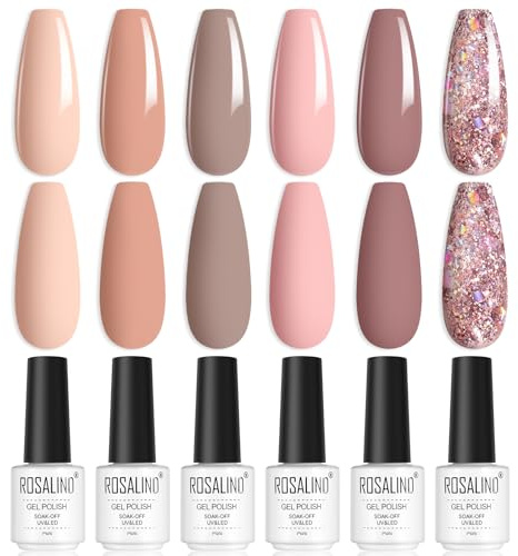 ROSALIND UV Nagellack, Nudetöne Gellack 6 Farben Nude Rosa Beige Champagner Glitzer Gel Nagellack Set Soak-Off UV Gel Nail Polish für Anfänger Nail Art Salon DIY