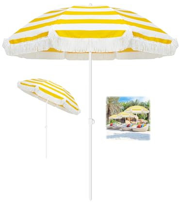 Strandschirme für Sand, neigbar, tragbar, Outdoor-Sonnenschirm, LSF 50+, gelb gestreift, Terrassenschirm, 180 cm, Boho-Fransenschirm, wasserdicht, Poolschirm, verstellbare Höhe, für Outdoor, Urlaub,