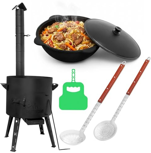 Kazan Set 16 Liter mit Ofen – Gusseisen Kasan mit Aluminiumdeckel, Schaumkelle & Suppenkelle – Outdoor Kochset für Plov, Camping, BBQ Feuerofen Utschak - Außenküche Eintopfofen