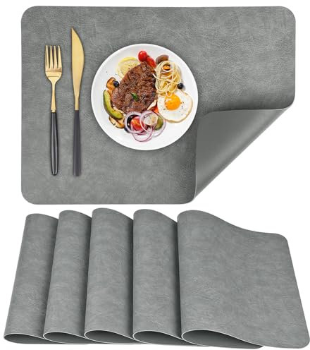 APLKER Platzsets 6er Set, rutschfest Abwaschbar Tischsets,Doppelseitigen Kunstleder Platzdeckchen, Hitzebeständig Platz-Matten für Küche Speisetisch, 40 x 30 cm (Grau, 6pcs)