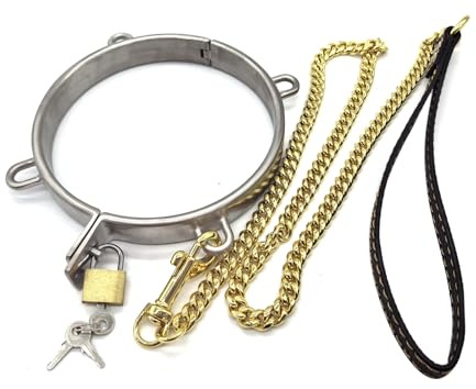 Soarvlorfy Edelstahl 4 Ohren Halskragen mit 100 Gold Traktionskette Fetisch Sklave Halsbänder Metall Zurückhaltung Bondage Keuschheit Halsreif BDSM Sexspielzeug für Frauen Herren Paare,Gold,13.7CM