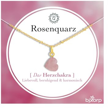 Bixorp Rosenquarz Herz Halskette - Das Herzchakra - Edelstein Chakra Anhänger Geschenk - Vergoldeter Edelstahlkette