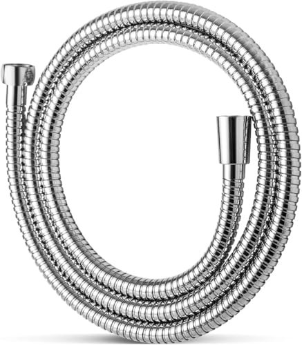 OFFO Edelstahl Duschschlauch mit Verdrehschutz 1,6m~2m, Dehnbarer Brauseschlauch,Elastisch Gedehnt Zwischen, Edelstahl Ersatz Hochdruck-Duschrohr Brauseschlauch für Badarmaturen,Chrom