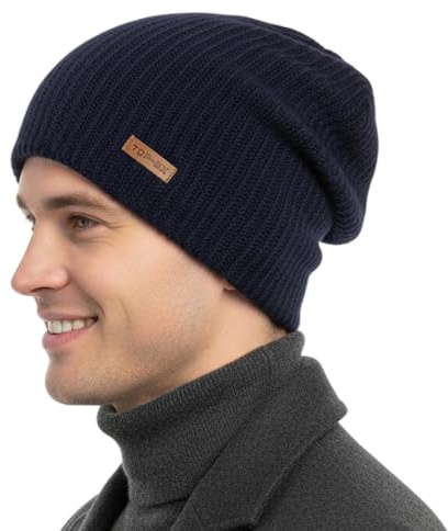 TOP-EX XL/XXL Merinowolle Slouch Beanie Herren Mütze Damen Winter Warm Strickmuetze mit Satinfutter Navy Blau XL/XXL