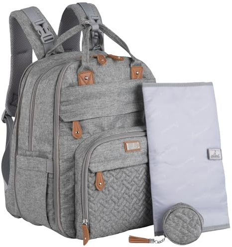 BabbleRoo Extra Large Diaper Bag Backpack, Expandable Baby Bag with Up to 50% More Capacity - Travel Essentials Baby Bag Tote with Changing Pad, Stroller Straps & Pacifier Case - Unisex, Light Gray