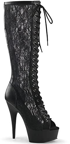 asdchZen Stivali Alti al Ginocchio con Plateau, Cerniera Posteriore, da Donna E da Uomo, Sexy, Aperti, in Pizzo, Cavi, 15 Cm, Stiletto, con Tacco Alto (Nero 12)