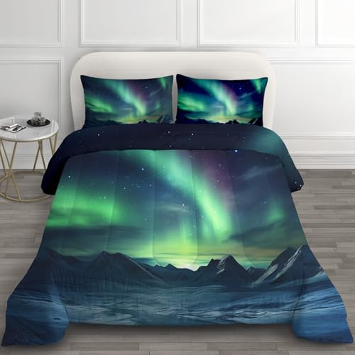 Couette 260x240 Hiver Aurore Boréale Decoration - Duvet Douce et Chaude, Couette 2 Personnes Imprimée, Couette sans Housse Lavable, Edredon avec 2 Taie d'oreillers B*-36