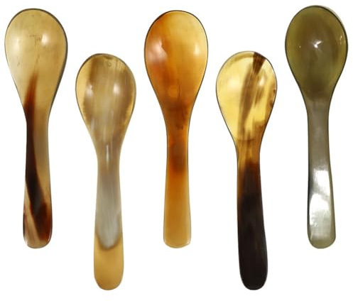 ABOOFAN Natural Coffee Spoon Set 5Pcs Yak Horn Coffee Dessert Spoons with Smooth Polished Surface for Honey Ice Cream and Party Use