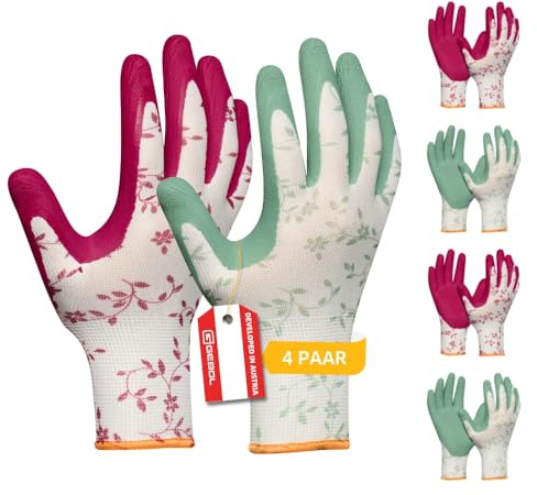Gebol Flower Duo Gartenhandschuhe, 4 Paar, Gr. 8/M, atmungsaktiv, Damen | Für Beet, Rosen & Pflanzarbeiten, schützt vor Dornen & Erde, feines Tastgefühl, angenehme Passform, leicht zu reinigen