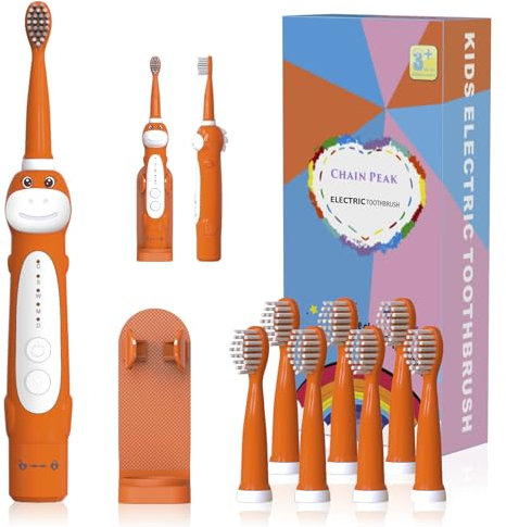 Dinosaur Toothbrush, Kids Sonic Electric Toothbrush for Children, Toddlers Boys Girls Age 3-12 with 30s Reminder, 2 Mins Timer, 5 Modes, 8 Brush Heads