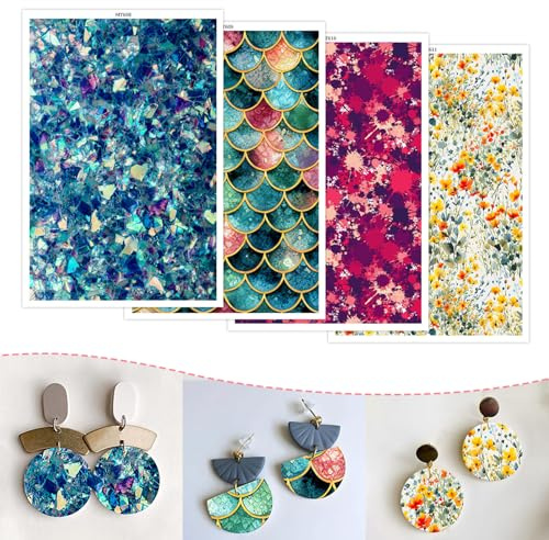 Ton-Transferpapier für Ohrringe und Polymerton, 4 Designs, 10 Blatt Wassertransferpapier für Polymerton, Schmuck, Bastelbedarf, Fragmentskala, Spritztinte, Blumenmuster, 14,8 x 10 cm