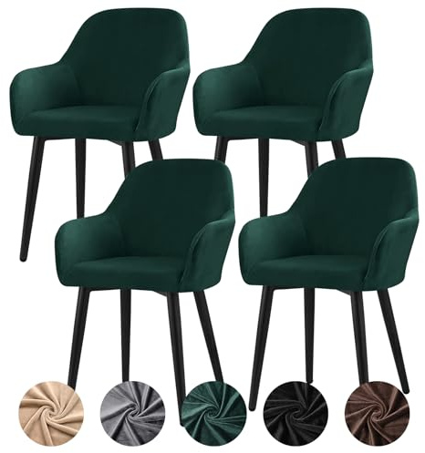 Alishomtll Stretch Samt Stuhlhussen 4er Set Universal Sesselbezug Stuhlbezug mit Armlehnen Abnehmbare Waschbar Esszimmerstühle Bezug für Küche Esszimmer Bankett Hochzeit Party (Grün, 4 Stück)