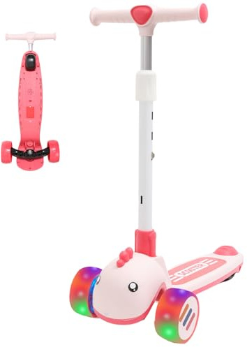 Habib Kinderroller Tretroller - 3-Rad LED Roller, Höhenverstellbar & Faltbar, Tierdesign, Mädchen & Jungen (3-8 Jahre)