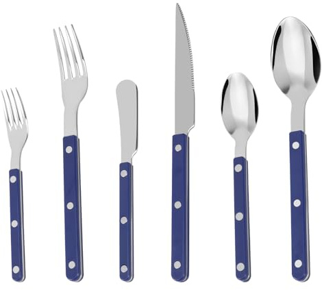 6Pcs Cutlery Set Blue Handle Stainless Steel Flatware Set with Rivets Silverware Utensils with Steak Knife Fork and Spoon for Hotel Western Restaurants, Family Gatherings, Parties Dishwasher Safe