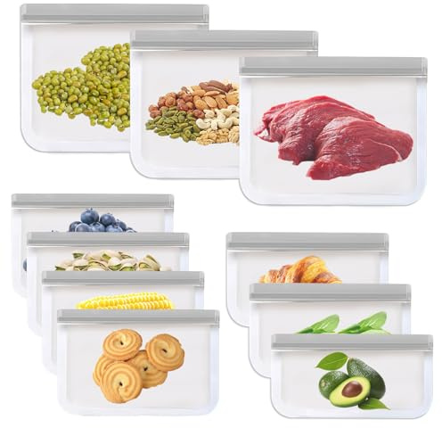 Lot de 10 Wiederverwendbare Aufbewahrungsbeutel, Sac de Congélation en Silicone sans BPA, Sachet de Congélation Zip Réutilisable, Pochette Alimentaire Réutilisable pour légumes, lait, snacks, viande