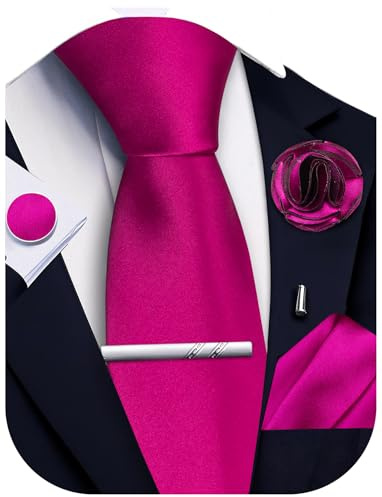 Ailisus Fuchsia Pink Tie and Pocket Square Set Solid Necktie Cufflinks Tie Clip Lapel Pin for Men Wedding Business 5PCS