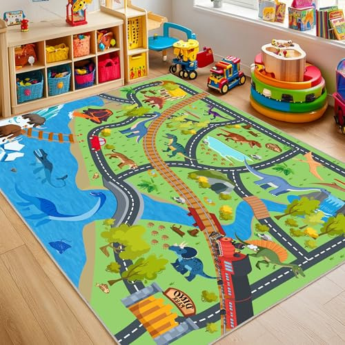 OHDS Kids Rugs for Playroom - Soft & Non-Slip 4x5 Feet Dinosaur Play Mat,Childrens Dinosaurs Carpet Washable Rug for Classroom Nursery Bedroom Boys