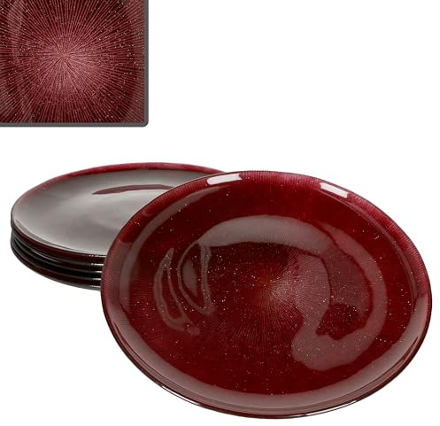 MamboCat 6er Set Suez Speiseteller I Ø27cm I Dunkelroter Essteller aus Glas mit Relief & Glitzereffekt für 6 Personen I Hauptmahlzeit, Vorspeisenplatte I Weihnachtsgeschirr
