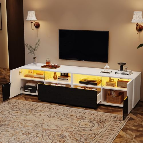 BTM Meuble TV Haute Brillance 180x38.5x45 cm LED, 2 Tiroirs 2 Armoires Rangement Ouvert, 80 Pouces Blanc Noir