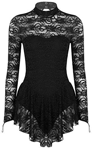 ranrann Justaucorps Danse Femme Tenue Patinage Artistique Robe Danse Classique Manches Longues Dentelle Costume Vêtement de Danse Gymnastique XS-XL A Noir XS