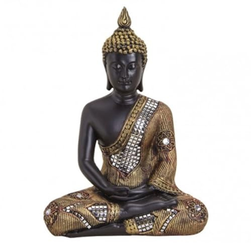 G.W. Große Buddha-Figur meditierend sitzend, 27 cm in schwarz Gold, mit feiner Struktur gemuster, Deko-Artikel für Wohnung & Haus, Buddha-Skulptur, Wohnaccessoire, schöne Thai Statue, innen und außen