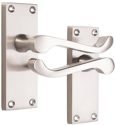 Infinity Decor Set of Satin Nickel Victorian Scroll Lever Latch Door Pull Handle Pair on Rectangular Backplate - Ideal for Internal and External Doors