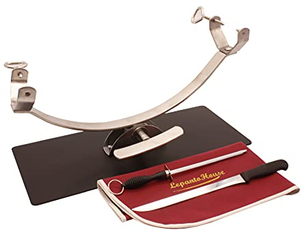 Soporte jamonero New Generation basculante con herraje Inoxidable y base de acero color negro mas set de corte, chuchillo jamonero, chaira y cubre jamón burdeos