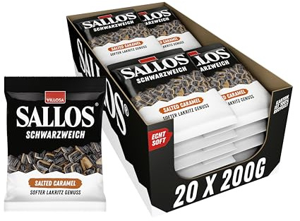 SALLOS Schwarzweich Salted Caramel Vorrats-Pack – Lakritz mit Schaumzucker und Salmiak-Salz, aus natürlichem Süßholzsaft, würzige Lakritz-Kombination, vegan, im Vorrats-Pack, 20 x 200 g