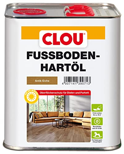 CLOU Fußboden-Hartöl, Parkettöl zur Pflege und Holzpolitur von Holz-Oberflächen wie Parkett, Dielen, Treppen und Möbel, antik eiche, 3 Liter