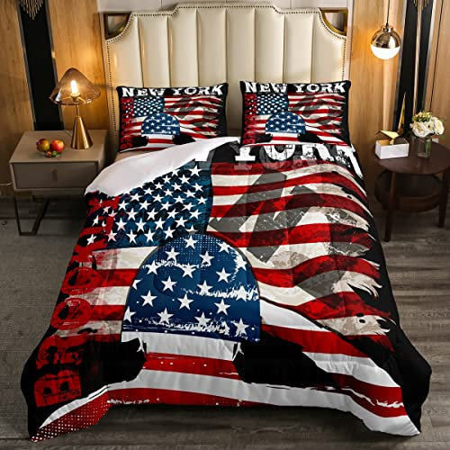 Set copripiumino con bandiera americana, per letto matrimoniale, con cappello da soldato dell'esercito colorato, stampa con bandiera degli Stati Uniti, copripiumino con 2 federe, set di biancheria da
