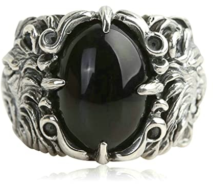 Ayoiow Vintage Ringe 925 Silber, Siegelring mit Gravur Punk Löwen Ring mit Ovale Achat Ring Größe 58 (18.5)