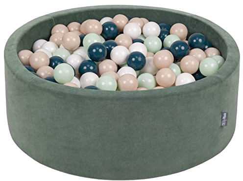 KiddyMoon Rund Bällebad Velvet Bällepool 90X30cm/200 Bälle ∅ 7Cm Ballgruben Für Babys Spielbad Kleinkinder, Hergestellt In Der EU, Waldgrün: Dunkeltürkis/Pastellbeige/Weiß/Minze