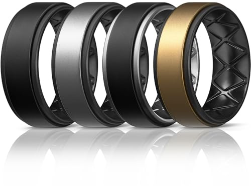 Egnaro Silicone Rings for Men 1/4/5/6/7 Multipack of Breathable Mens Silicone Rubber Wedding Rings Bands - Step Edge