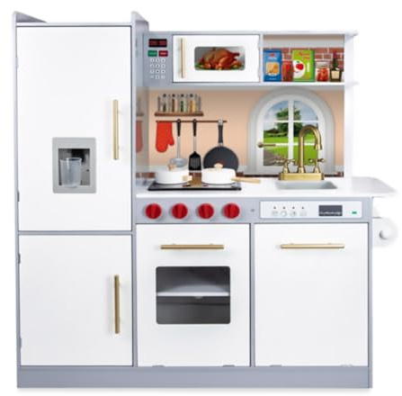 Teorema 40648 - Cucina Giocattolo in Legno con Piastra e Dispenser a batteria, Altezza 102cm, con Elettrodomestici e Utensili da Cucina.